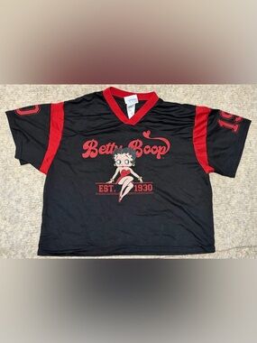 Betty Boop Mesh Jersey Y2K Fleischer Studios Graphic Black Red Retro Top- Size M